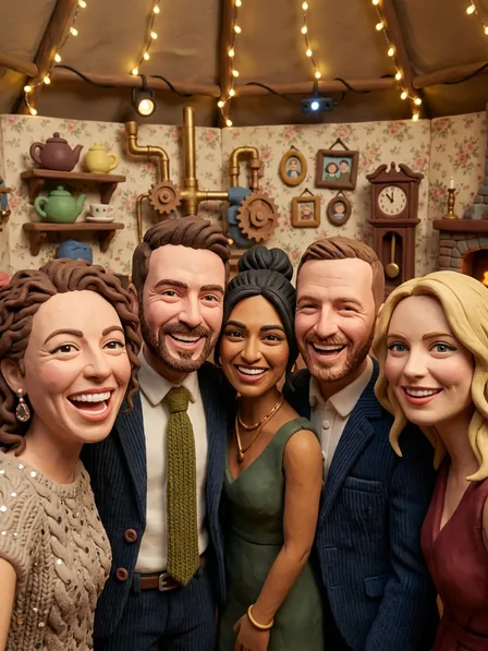 Group portrait styled as handcrafted British stop-motion claymation